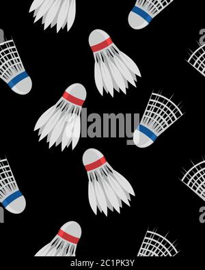 Federkeile auf schwarzem Hintergrund. Badminton. Nahtloses Muster. Sport und Spiel. Sommerspaß. Stock Vektor