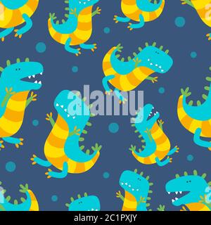 Nahtloses Muster mit niedlichen Dinosauriern für Textil, Papier und Stoff. Farbenfrohes Design für Drucke. Vektorgrafik in flacher Form Stock Vektor
