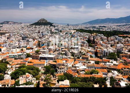 Stadtbild und Lycabettus Hügel, von der Akropolis von Athen, Athen, Griechenland, Europa Stockfoto