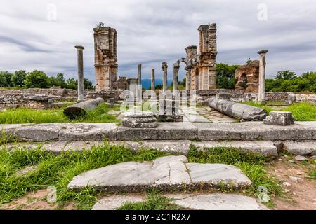 Basilika, archäologische Stätte von Philippi, König Philipp II. Filippoi, Vorort von Kavala, Ostmakedonien und Thrakien, Griechenland, Europa Stockfoto