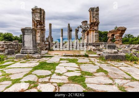 Basilika, archäologische Stätte von Philippi, König Philipp II. Filippoi, Vorort von Kavala, Ostmakedonien und Thrakien, Griechenland, Europa Stockfoto