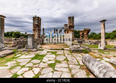 Basilika, archäologische Stätte von Philippi, König Philipp II. Filippoi, Vorort von Kavala, Ostmakedonien und Thrakien, Griechenland, Europa Stockfoto