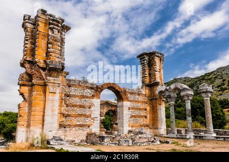 Basilika, archäologische Stätte von Philippi, König Philipp II. Filippoi, Vorort von Kavala, Ostmakedonien und Thrakien, Griechenland, Europa Stockfoto