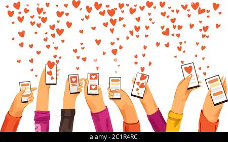 Menschliche Hände mit Smartphone Dating App aufgefahren, auf der Suche nach Liebe und romantische Veranstaltung oder Datum, Senden von Liebe und wie Zeichen. Dating-App, Online-Chat Stock Vektor