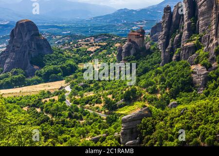 Meteora, Heiliger Nikolaikastery, Agios Nikolaos, Monastery on the Rock, ehrfürchtige natürliche Felsformation, Kalabaka, Thessaly, Griechenland, Europa Stockfoto