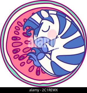 vektor flach gestreiften Baby Zebra auf Wassermelone Stock Vektor