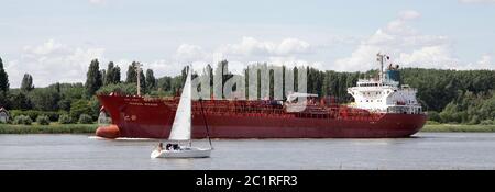 Segelyacht trifft Tanker im Fluss Schelde in Antwerpen (französisch: Escaut Niederländisch: Schelde), einem 350 Kilometer langen Fluss, der in Nordfrankreich, Westbelgien und dem südwestlichen Teil der Niederlande fließt. Der Name leitet sich von einem Adjektiv ab, das dem altehrwürdigen Skeald („Shallow“) entspricht. Stockfoto