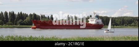 Segelyacht trifft Tanker im Fluss Schelde in Antwerpen (französisch: Escaut Niederländisch: Schelde), einem 350 Kilometer langen Fluss, der in Nordfrankreich, Westbelgien und dem südwestlichen Teil der Niederlande fließt. Der Name leitet sich von einem Adjektiv ab, das dem altehrwürdigen Skeald („Shallow“) entspricht. Stockfoto