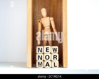 Neue normale, hölzerne Figur und Wörter auf hölzernen Alphabet Würfel innerhalb der Schachtel. Neue Normalität nach covid-19 Pandemiekonzept. Stockfoto
