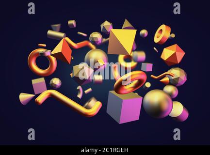 Abstrakter Hintergrund verschiedener geometrischer Formen. 3d-Rendering. Stockfoto