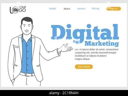 Digitale Marketing-Landing-Page im Thin-Line-Stil. Stock Vektor