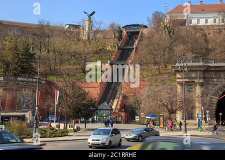 Budapest, Ungarn, März 22 2018: Budapest Schlossberg Standseilbahn. Ungarn. An der letzten Haltestelle befinden sich alte Wagen Stockfoto