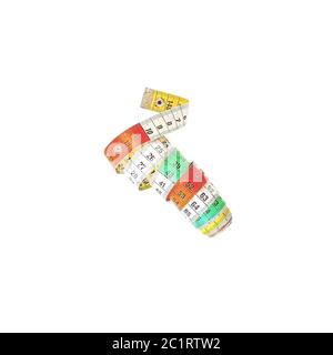Farbiges Messband metrisches System aufgerollt Stockfoto