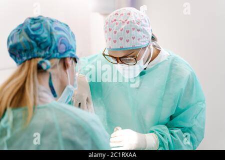 Professionelle Zahnärzte in Latexhandschuhen mit sauberen Werkzeugen, um orale Verfahren an nicht erkennbaren Patienten in der zeitgenössischen Klinik durchzuführen Stockfoto