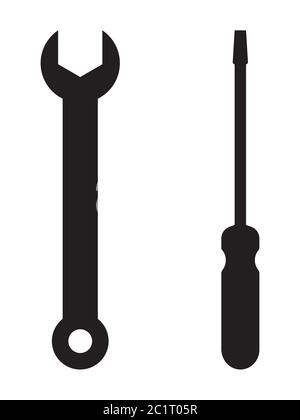 Reparaturwerkzeuge für Schraubenschlüssel und Schraubendreher. Schwarze Illustration isoliert auf weißem Hintergrund. EPS-Vektor Stock Vektor