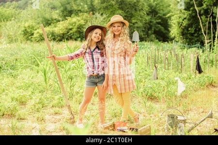 Anbau von Gemüse. Hoffnung für gute Ernte. Mädchen Pflanzen Pflanzen. Rustikale Kinder im Garten arbeiten. Anpflanzung und Bewässerung. Landwirtschaft Konzept. Schwestern gemeinsam auf der Farm helfen. Anpflanzung von Gemüse. Stockfoto