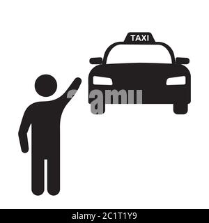 Mann hält mit winkender Hand an Taxi Car. Schwarze Illustration isoliert auf weißem Hintergrund. EPS-Vektor Stock Vektor