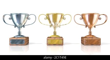 Drei Cup Trophäen, Gold, Silber und Bronze. 3D Stockfoto