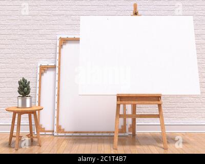 Mock up Leinwand Rahmen mit Pflanze, Staffelei, Boden und Wand. 3D Stockfoto