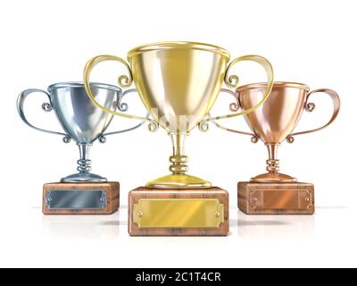 Gold, Silber und Bronze Gewinner Trophy Cups. 3D Stockfoto