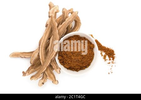 Ganoderma Lucidum Pilzpulver und Reishi Pulver in der Schüssel trocknen. Stockfoto