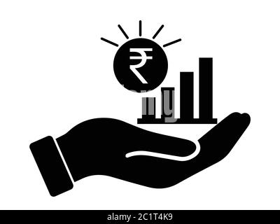 Palm Out INR Indian Rupie Growth Bar Chart. Schwarze Illustration isoliert auf weißem Hintergrund. EPS-Vektor Stock Vektor