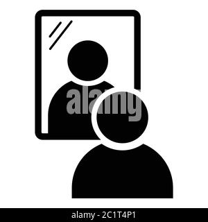 Stick Figur Mann Blick In Spiegel. Schwarze Illustration isoliert auf weißem Hintergrund. EPS-Vektor Stock Vektor