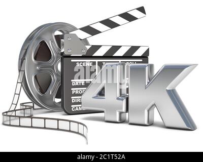 Filmrollen und Movie clapper Board. 4K-Video -Symbol. 3D Stockfoto