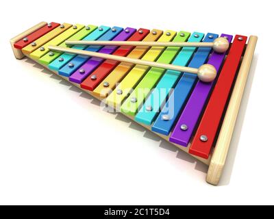 Xylophon mit Rainbow farbige Tasten und mit zwei Holz sticks drum. 3D Stockfoto