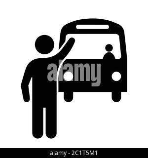 Stick Figur Mann stoppen winken an Bus. Schwarze Illustration isoliert auf weißem Hintergrund. EPS-Vektor Stock Vektor