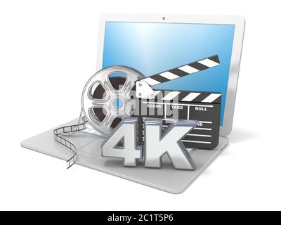 Laptop mit Filmrollen, Movie clapper Board und 4K Video -Symbol. 3D Stockfoto