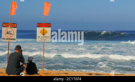 HALEIWA, USA - JANUAR 13 2015: Weitaufnahme des Strandes und der Surfer im Wasser an der Pipeline Stockfoto