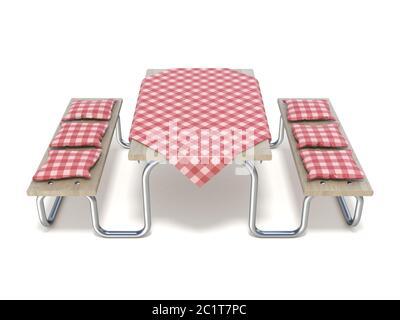 Picknick Tisch mit roten Tisch Decken und Kissen. 3D Stockfoto