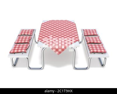 Picknick Tisch mit roten Tisch Decken und Kissen. 3D Stockfoto