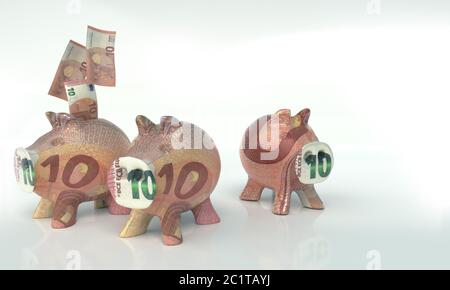 Drei kleine Sparschweine mit zehn Euro-Scheinen Stockfoto