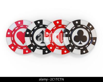 Set von Glücksspiel Poker Chips, mit Spaten, Herz Diamant und Club Zeichen auf ihm 3D Stockfoto