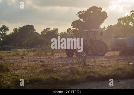 Ein roter Traktor, der Landmaschinen trägt, auf einem Feld während des Sonnenuntergangs parken Stockfoto