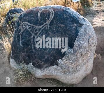 Felsmalerei, auch Petroglypgs genannt, auf dem Feld in Cholpon-ATA, Issyk-kul, Kirgisistan Stockfoto