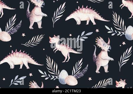 Cute Cartoon Baby Dinosaurier nahtlose Muster Aquarell Papier, Hand bemalt Dino Hintergrund Textur Jurassic Park . Rex Kinder lustige Kunst Stockfoto