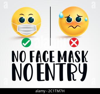 Smiley Gesichtsmaske Signage Vektor-Design. Keine Gesichtsmaske kein Eintragungstext mit zwei Emojis, die eine OP-Maske tragen, für die Sicherheit von covid-19. Stock Vektor