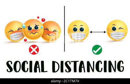 Smiley emojis soziale Distanzierung Vektor-Zeichen. Social Distancing Text Warning instruction mit Emoji oder Emoticon in zwei Szenariodistanz. Stock Vektor