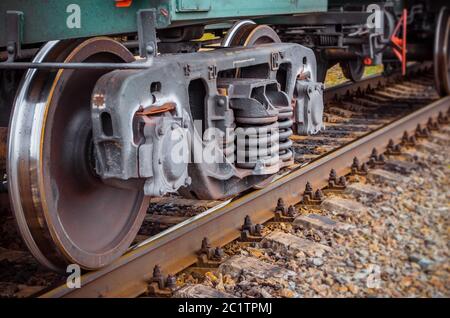 Industrielle Schiene Zug Räder Nahaufnahme Technologie Zug Schiene Straße Stockfoto