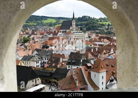 Alte historische Häuser in Cesky Krumlov. Südböhmen, Tschechische Republik. Stockfoto