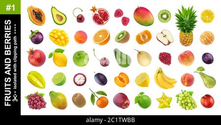 Tropische Früchte. Sammlung von verschiedenen exotischen Früchten und Beeren isoliert auf weißem Hintergrund, Ananas, Orange, Apfel, Trauben Stockfoto