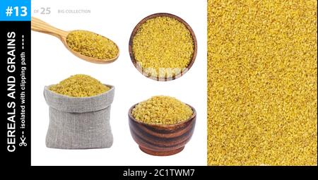 Bulgur in verschiedenen Geschirr auf weißem Hintergrund, Sammlung Stockfoto