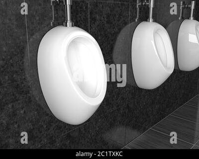 Weiße keramische Urinale. Auf schwarzem Hintergrund. Öffentliche Toilette Stockfoto