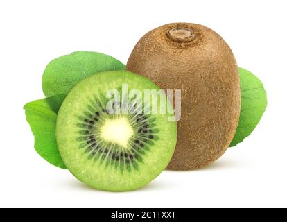 Kiwi. Ganze und geschnittene Kiwi-Früchte isoliert Stockfoto