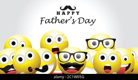 Happy Father's day Typografie Hintergrund mit gelben Gesichtern.Happy Father's day Emoji oder Emoticon für Grußkarte oder Poster.Smiley Hintergrund. Stock Vektor