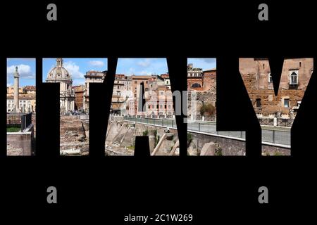 Italien - Länderzeichen mit Foto in Rom im Hintergrund. Isoliert auf Schwarz. Stockfoto