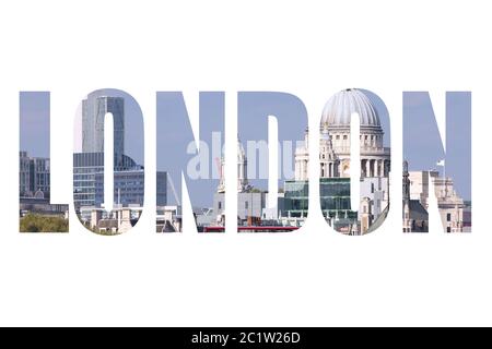 London UK - Name der Stadt mit Foto im Hintergrund. Isoliert auf weiß. Stockfoto